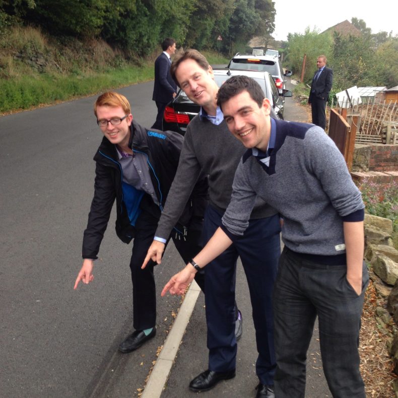 Harry Matthews - Nick Clegg - Sheffield Liberal Democrats pointing at a repaired road