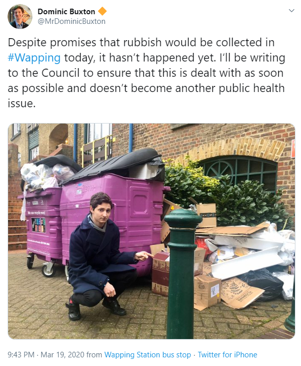 Dominic Buxton pointing at rubbish in Tower Hamlets